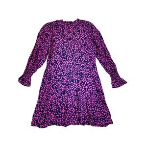 Loft Petite Pink Navy Heart Print Long Sleeve Mock Neck Fit Flare Dress Size 8P